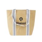 Brown tote bag with gray handles and a design featuring the text Planoi.