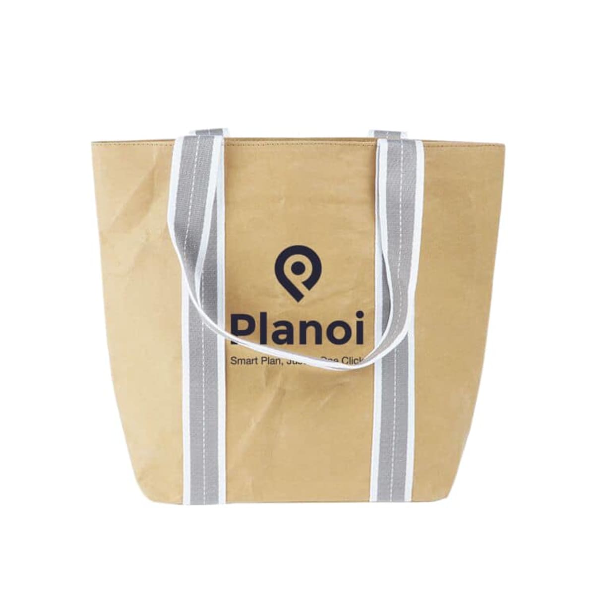 Brown tote bag with gray handles and a design featuring the text Planoi.
