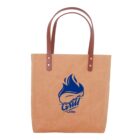 Beige tote bag with brown handles and a blue coffee logo.