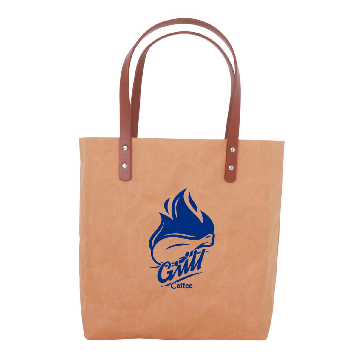 Beige tote bag with brown handles and a blue coffee logo.