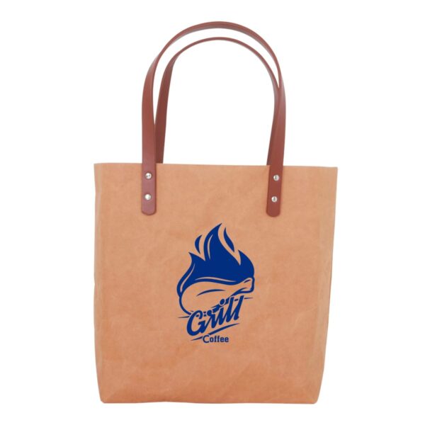 Beige tote bag with brown handles and a blue coffee logo.