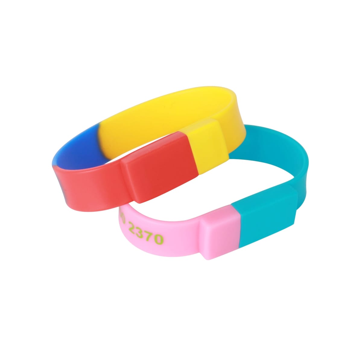 Two interlocking colorful silicone wristbands with blocks of yellow, red, blue, and pink.