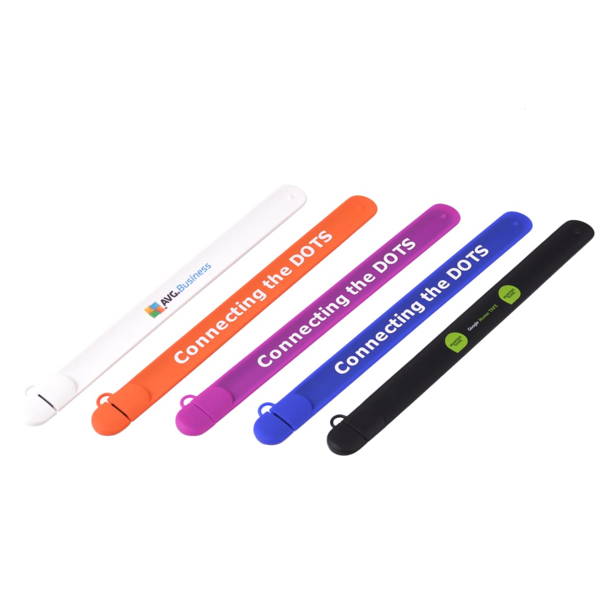 Colorful slap bracelets with various logos and text, including Connecting the DOTS.