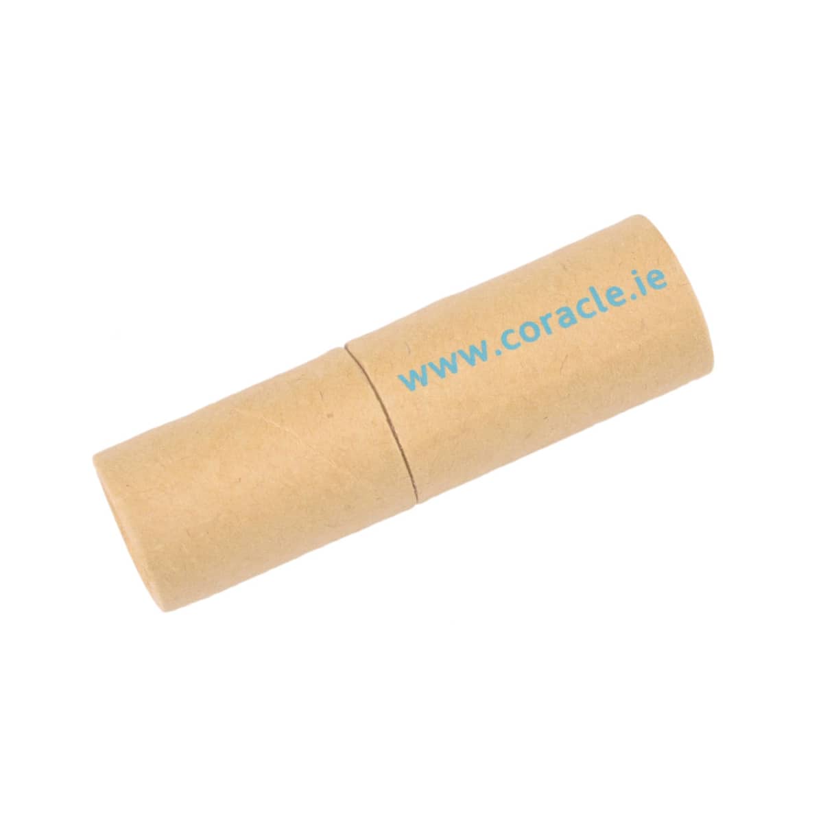 Brown paper tube with www.coracle.ie printed in blue.