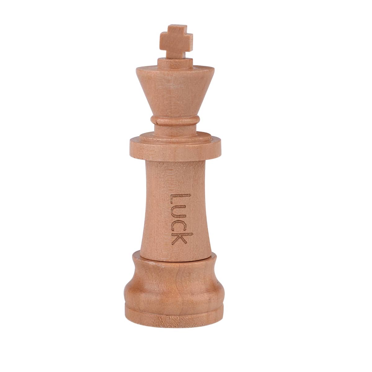 Wooden king chess piece with LUCK engraving on its side.