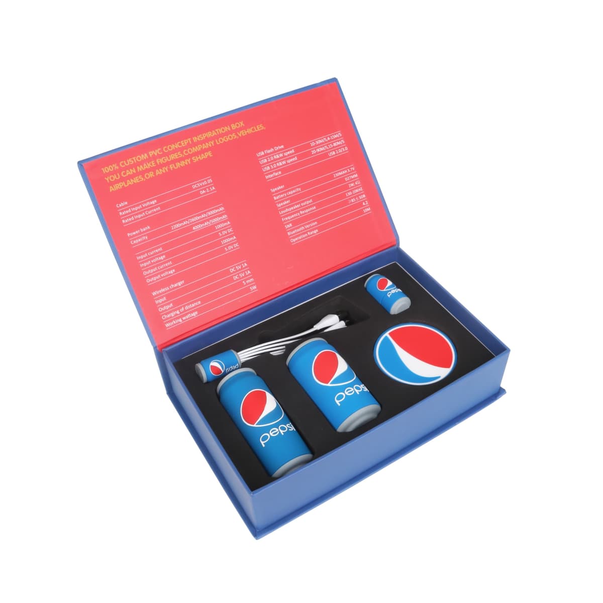 Geekscape Premium Tech Gift Set: Pepsi cans, pencil, headphones, USB drive.