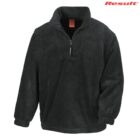 Black fleece pullover jacket with a quarter zip and elastic cuffs, Result logo in corner.