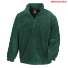 Dark green fleece pullover with half-zip, elastic cuffs, and Result logo in the top right corner.