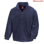 Navy blue fleece pullover with half-zip and elastic cuffs, Result logo in the top right corner.