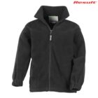 Black fleece jacket with front zipper, two pockets, and Result logo in the top right corner.