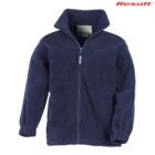 Navy blue zip-up fleece jacket with high collar and elastic cuffs.