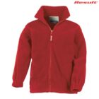 Bright red fleece jacket with zipper, two pockets, and elastic cuffs, shown on a white background.