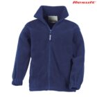 Navy blue fleece jacket with zip front and high collar on a white background.