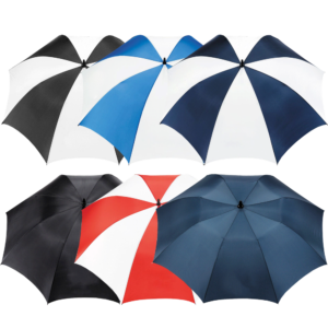 Six patio umbrellas in black, white, red, and blue color combinations.