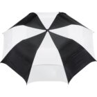 Black and white striped umbrella, viewed from above.