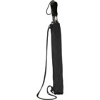 Black umbrella in a matching sleeve with a strap.