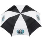 Black and white umbrella with a globe logo and conference text.