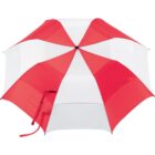 Red and white striped umbrella with a strap, viewed from above.