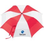 Red and white umbrella with Stream logo, viewed from above.