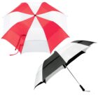 Red, white, and black umbrellas on a white background.