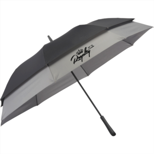 Black and gray custom umbrella with a Rainplay logo on its canopy.