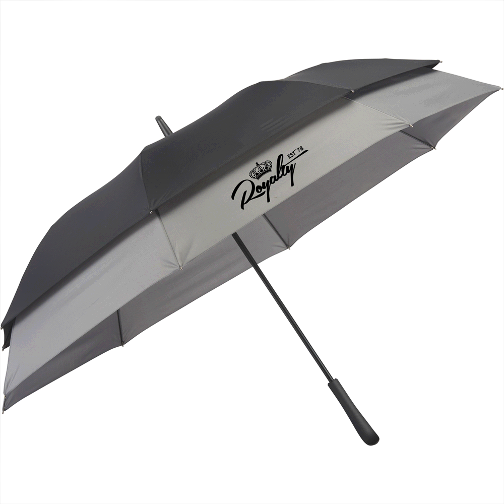 Black and gray custom umbrella with a Rainplay logo on its canopy.