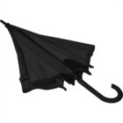 Closed black umbrella with curved handle on a white background.