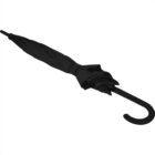 Closed black umbrella with a curved handle on a white background.