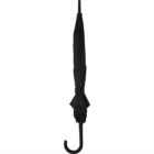 Closed black umbrella with a curved handle against a white background.
