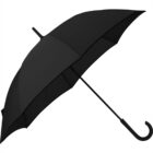 Black umbrella with a curved handle against a plain white background.