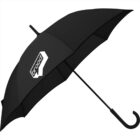 Black umbrella with brood logo in white on one panel.