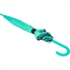 Closed turquoise umbrella with a curved handle, laid on a white background.