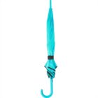 Folded turquoise umbrella with a hooked handle, standing upright against a white background.