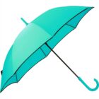 Teal umbrella with a curved handle on a white background.
