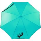 Turquoise umbrella with brood logo on one panel.
