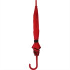 Red closed umbrella with a curved handle, hanging upright.