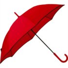 Red umbrella with a curved handle, open against a plain white background.