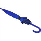 Closed blue umbrella with a curved handle, laid flat on a white background.