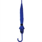 Closed blue umbrella with a hooked handle against a white background.