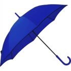 Blue umbrella with a curved handle, opened against a white background.