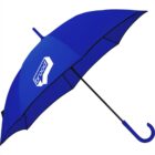 Blue umbrella with brood logo, black ribs, and blue curved handle, open on white background.