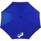 Blue umbrella with brood logo on one panel.