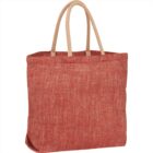 Red herringbone patterned tote bag with beige handles.