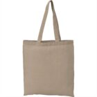 Plain beige canvas tote bag with handles against a white background.