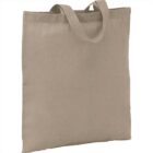 A plain beige canvas tote bag with handles.