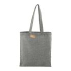 Gray fabric tote bag with long handles and a small tag attached.