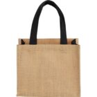 Beige jute tote bag with black handles on a white background.
