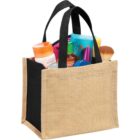 A jute tote bag filled with various cosmetics and bath products.