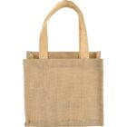 A plain, beige jute tote bag with two handles.