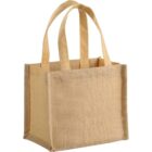 Jute tote bag with two handles, standing upright against white background.